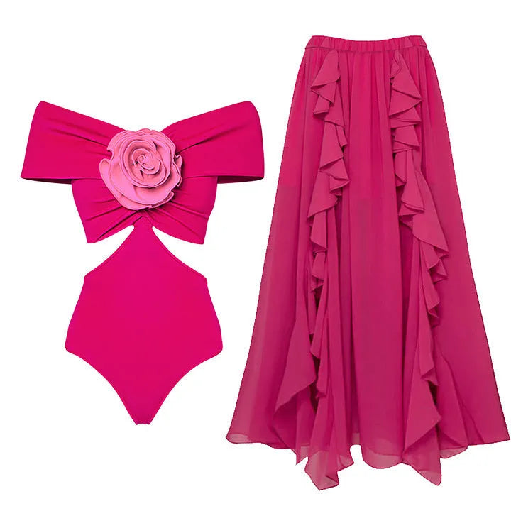 Women's floral hollow-out pattern one-piece swimsuit with matching umbrella skirt set