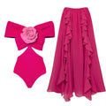 Women's floral hollow-out pattern one-piece swimsuit with matching umbrella skirt set