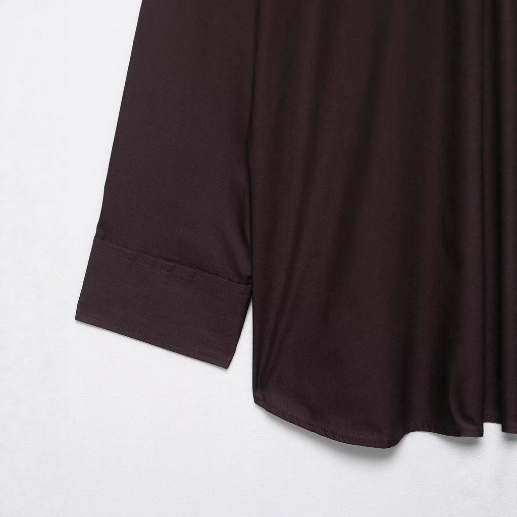 Brown women's poplin shirt with scarf detail and bow tie in cardigan style