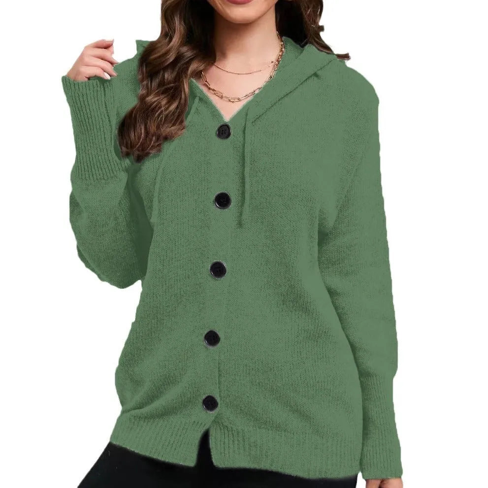 Women's thick cotton hooded cardigan sweater in loose fit with solid colour