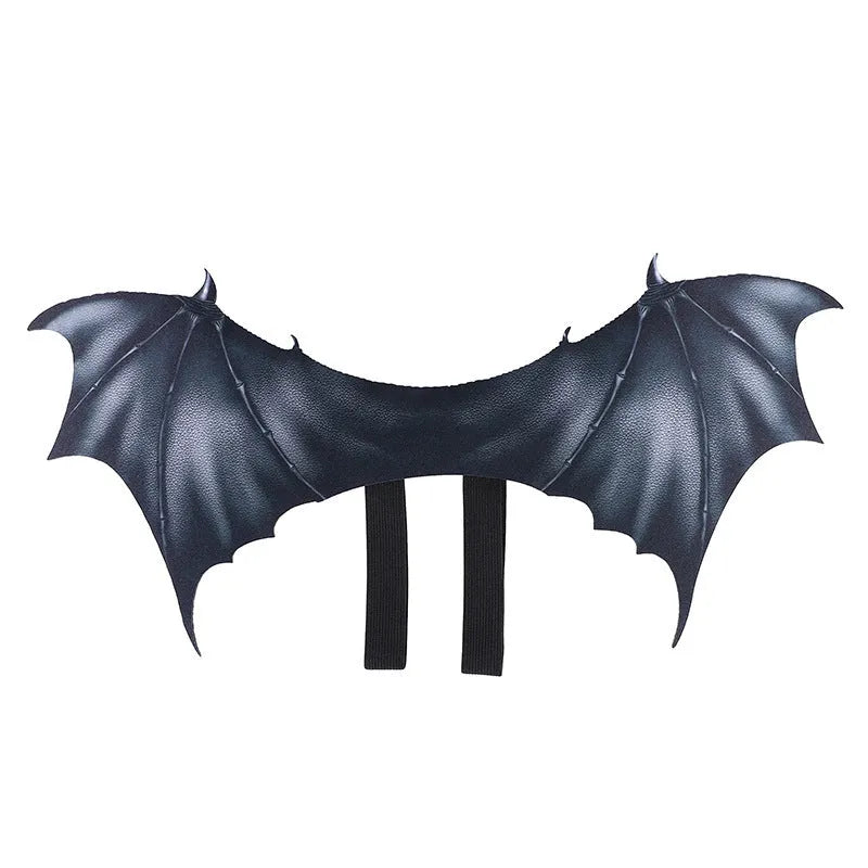 Black cloth bat wing Halloween costume for pets showing three size options for cats and dogs