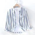 Men's loose fit long sleeve Hong Kong style shirt in blue, thin fleece-lined for spring and summer.