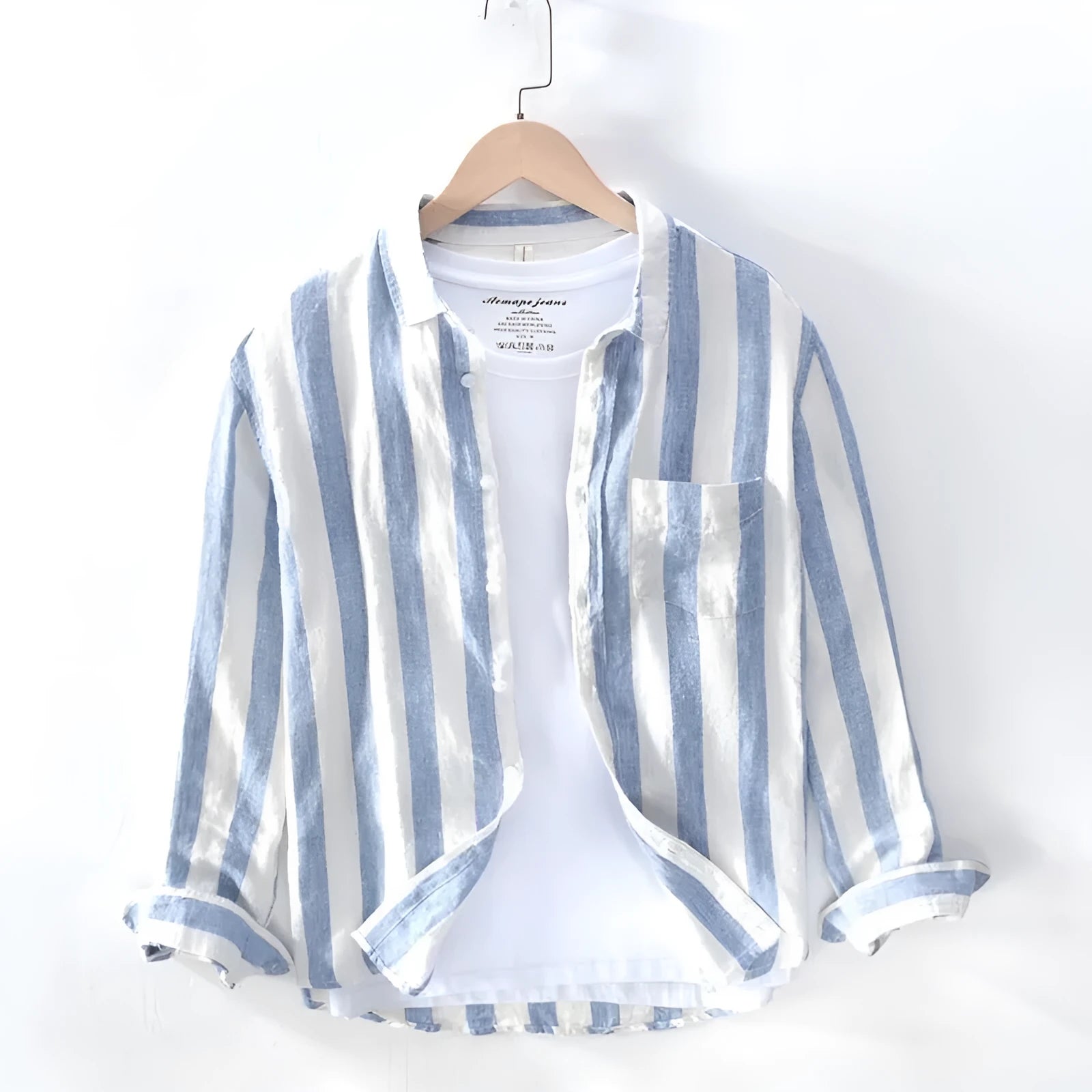 Men's loose fit long sleeve Hong Kong style shirt in blue, thin fleece-lined for spring and summer.