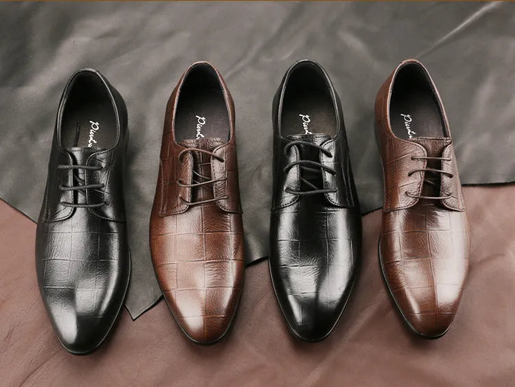Men's black checkered leather derby shoes with a pointed toe on a rubber sole