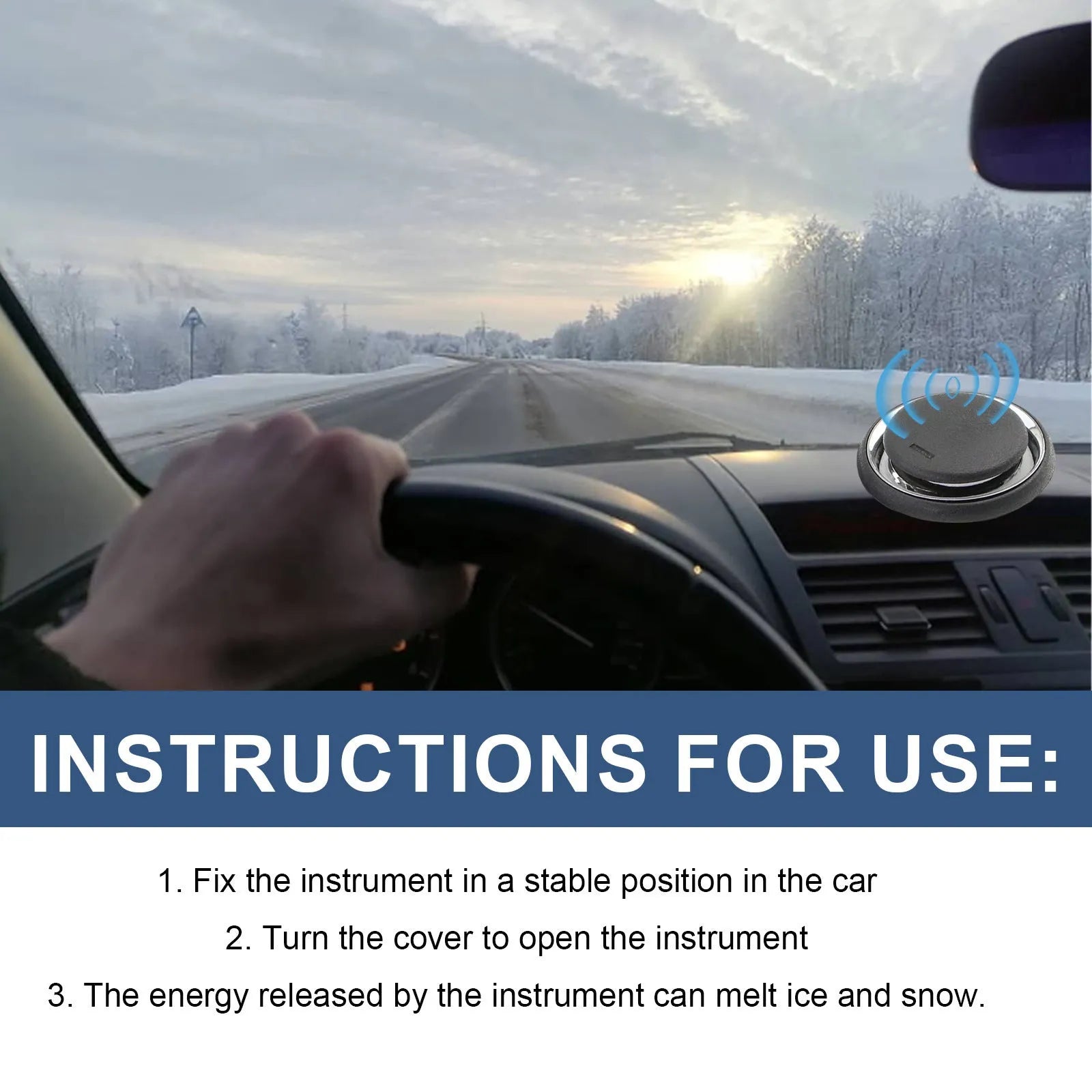 Black portable car deicing instrument measuring 7.4x7.4x1.6cm for melting snow and ice on vehicle windscreens