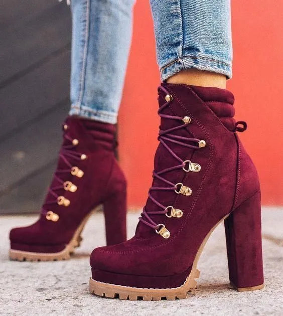 Women's suede high heel ankle boots with 8cm block heel in four colour options