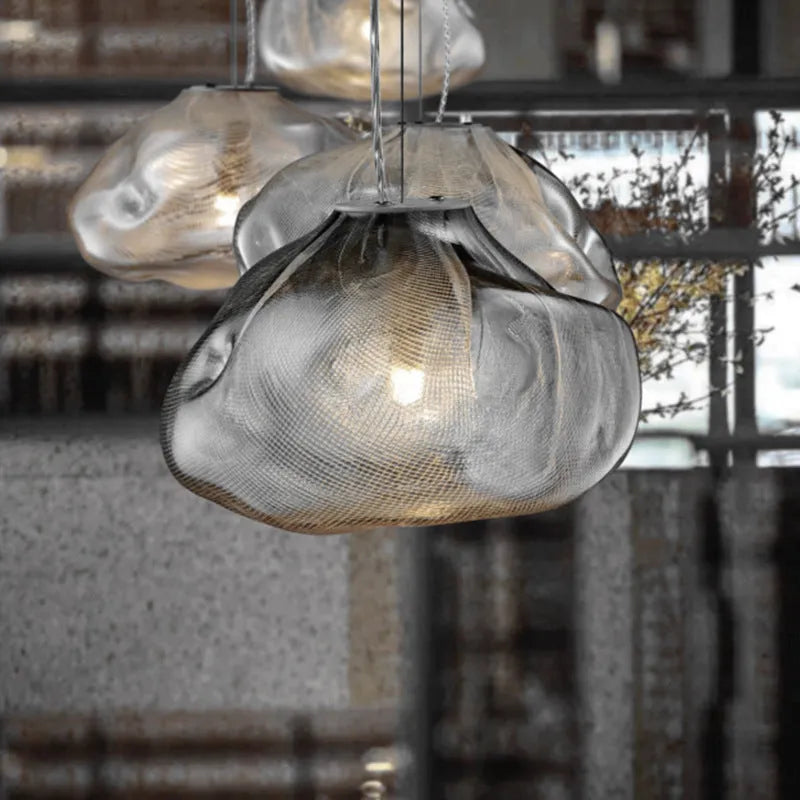 Modern decorative chandelier with glass shade in amber, clear or smoke grey colour options
