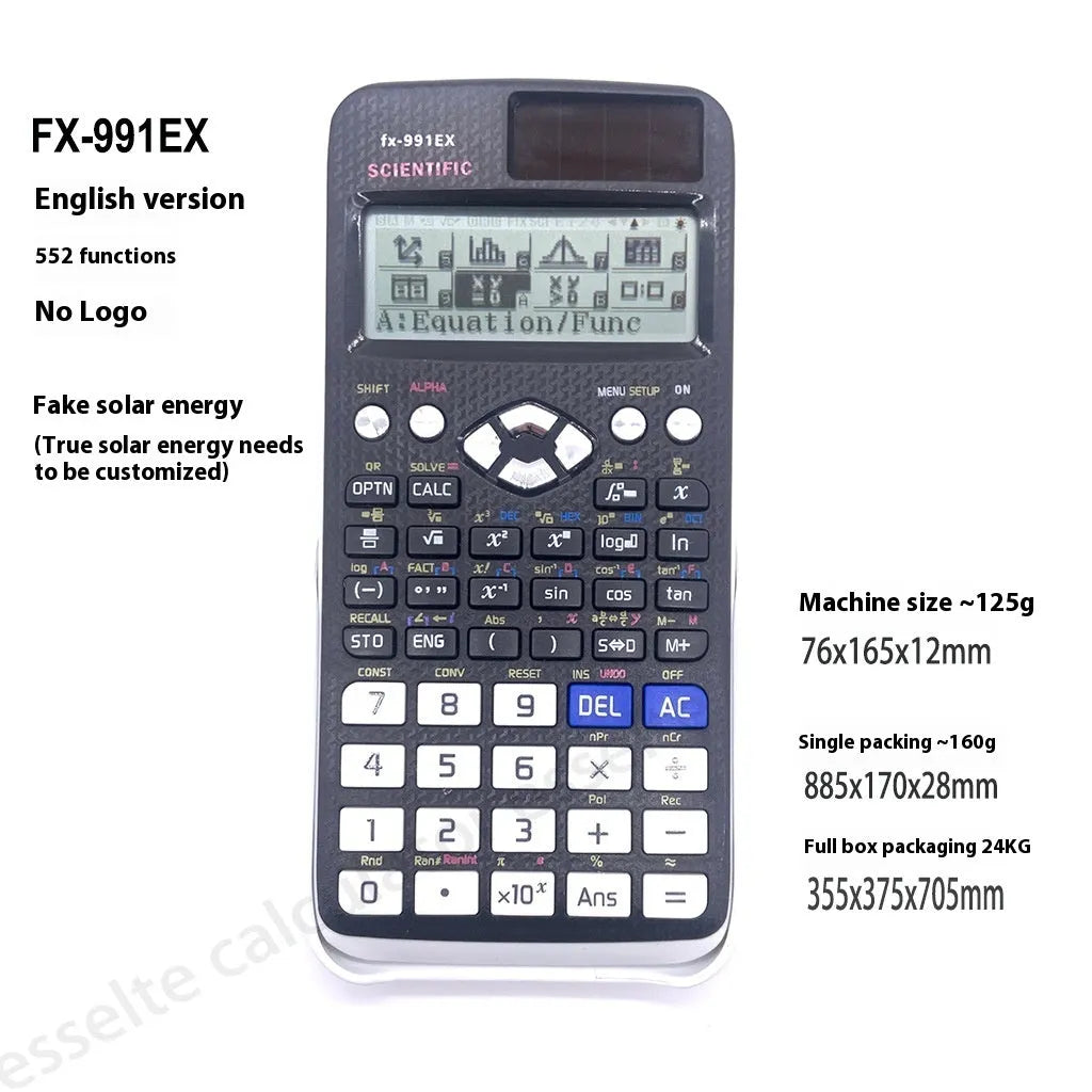991EX multi-functional scientific calculator in black, blue, or pink with solar panel.