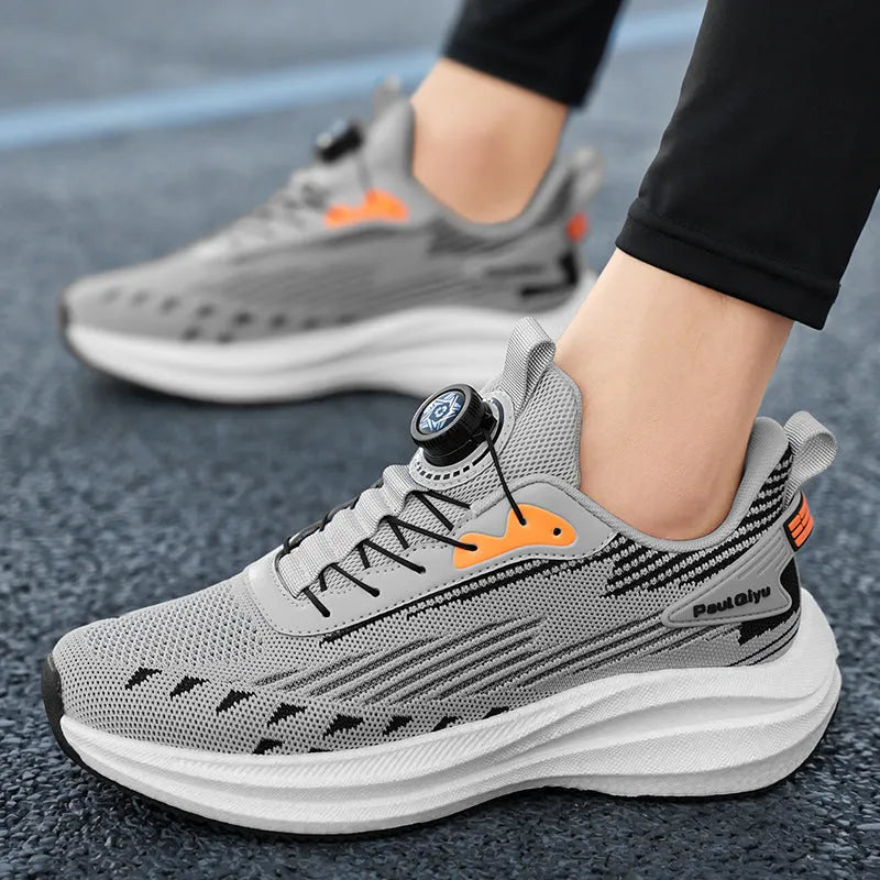 Men's white green rotating buckle fly-kit mesh casual sports running shoes with TPU sole