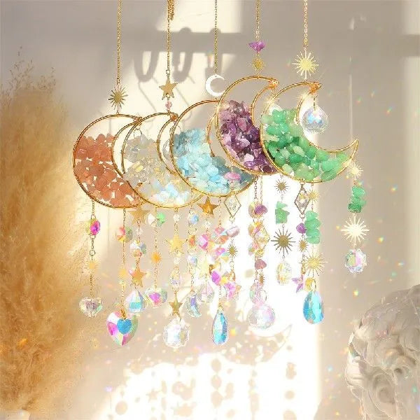 K9 crystal moon car pendant on a 420mm cord in blue, green, pink, purple, or white