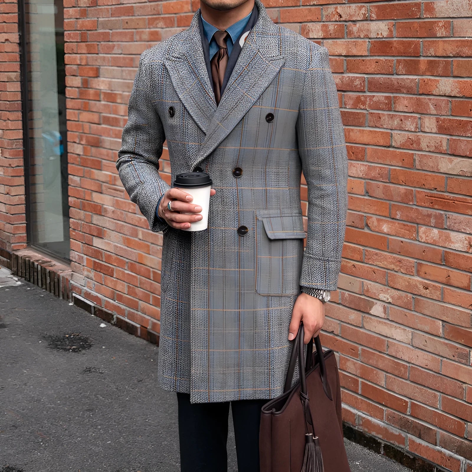 Grey wool plaid polo coat with notched lapel, single-breasted front, long sleeves, front view