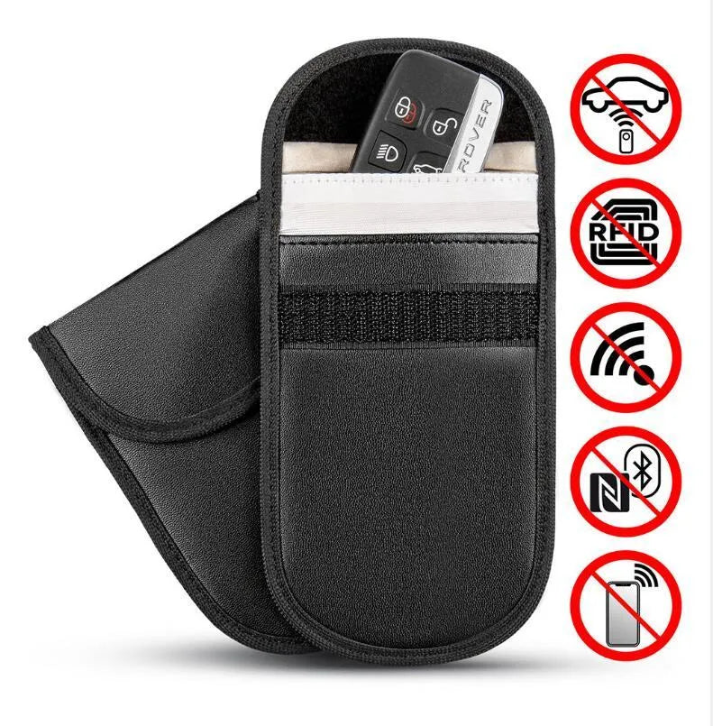 Black microfiber RFID signal blocker pouch for mobile phones and bank cards, measuring 13.5 by 9.5 cm.