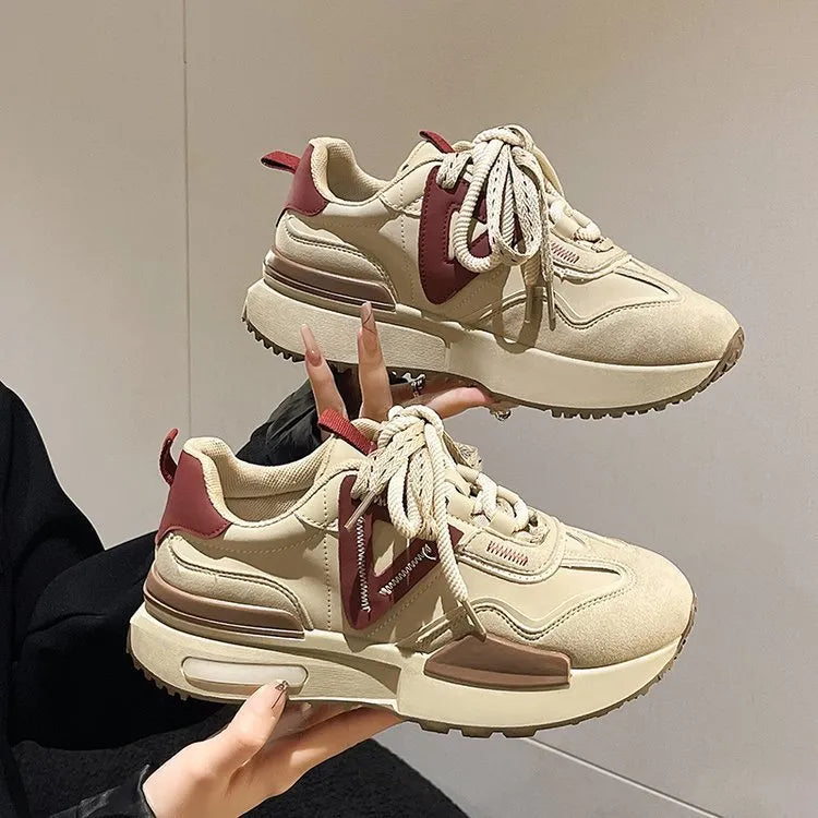 Black and khaki red women's retro platform sports shoes with lace-up front and round toe.