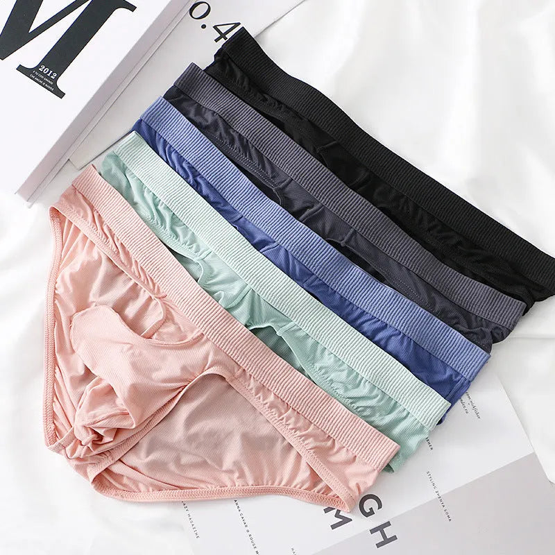 Men's low waist briefs underwear in ice silk fabric showing multiple colour options