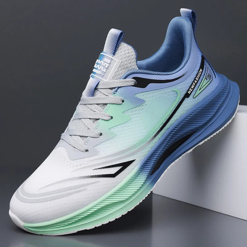 Men's low-top casual trainers with woven mesh upper and rubber sole in black, blue-grey, and green-grey colours.