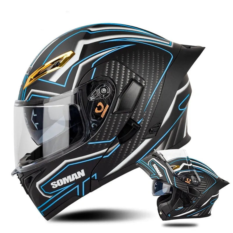 Double lens exposed motorcycle helmet in bright black and green lines with sun visor