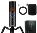 Black Q18 USB condenser microphone with RGB lights on adjustable metal tripod stand
