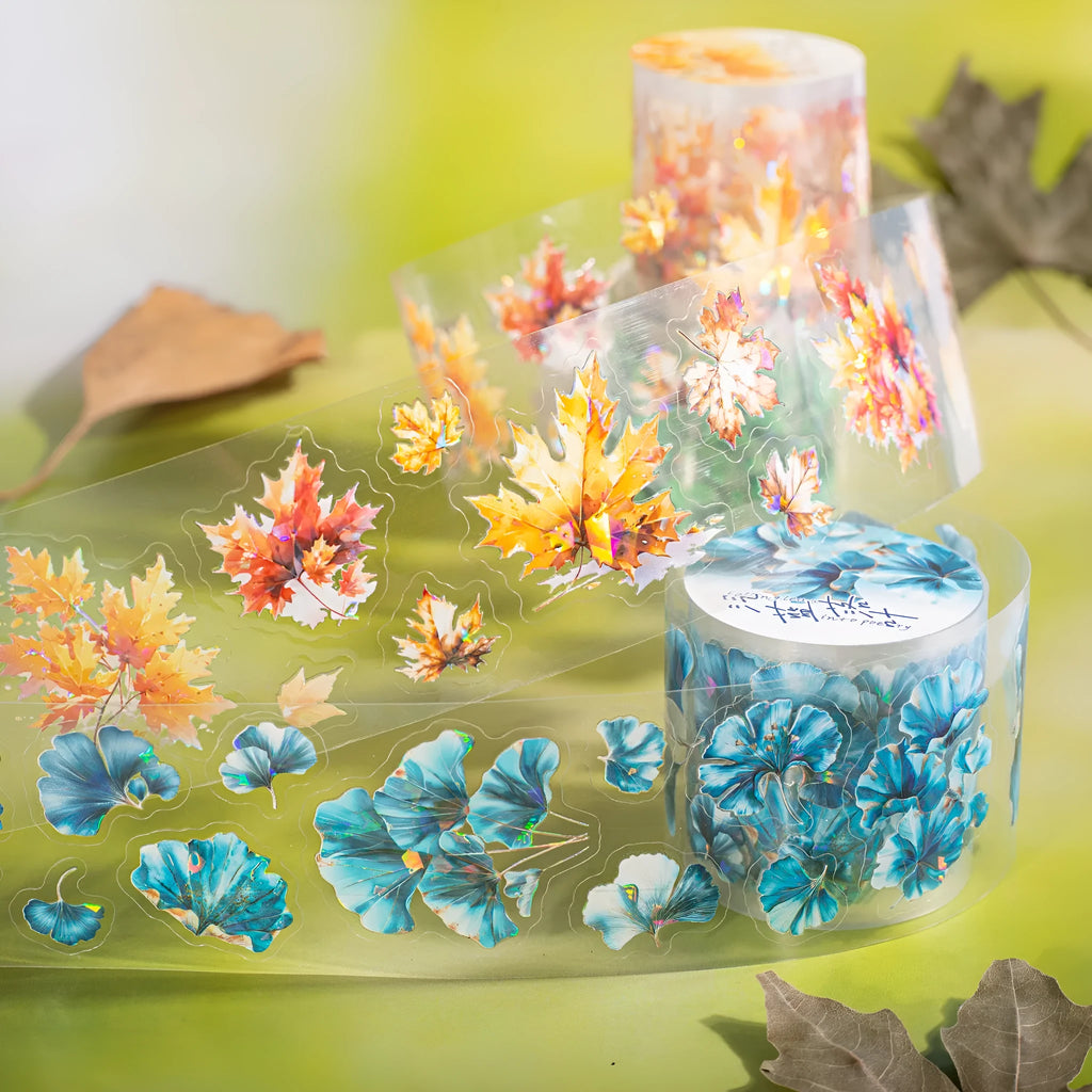 Deciduous Poetry Series decorative PET sticker roll in six colours, showing 40mm width and leaf-themed patterns.