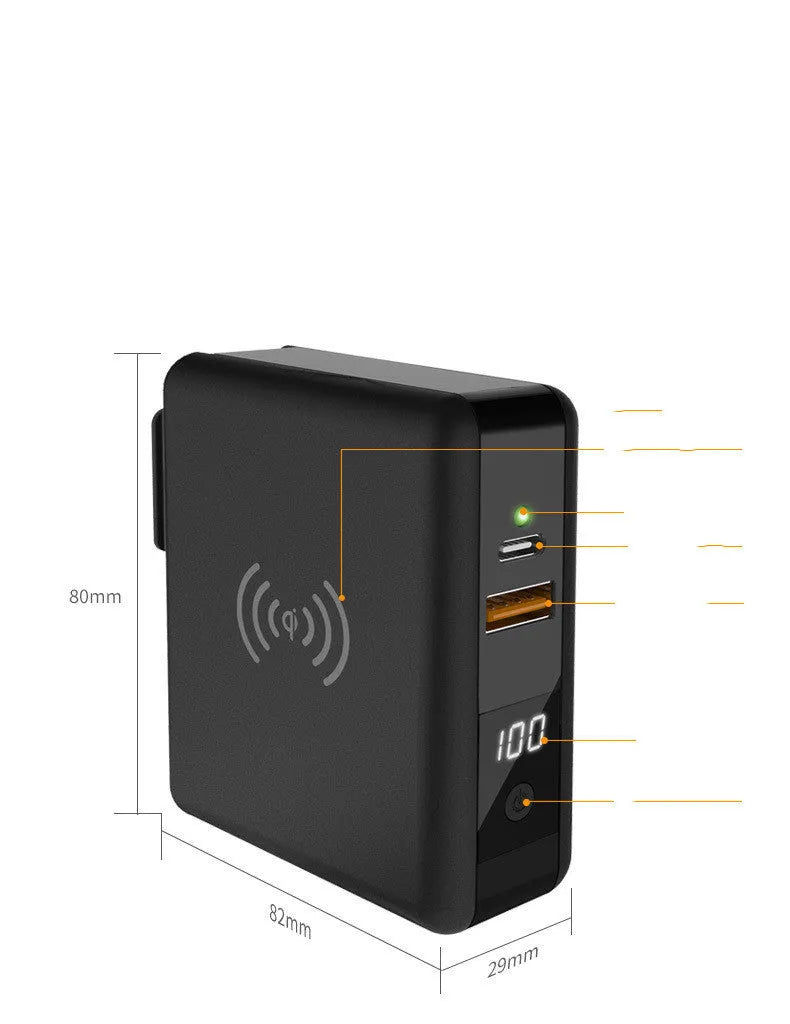 Super QI wireless charging power bank with built-in plug in black and white colour options