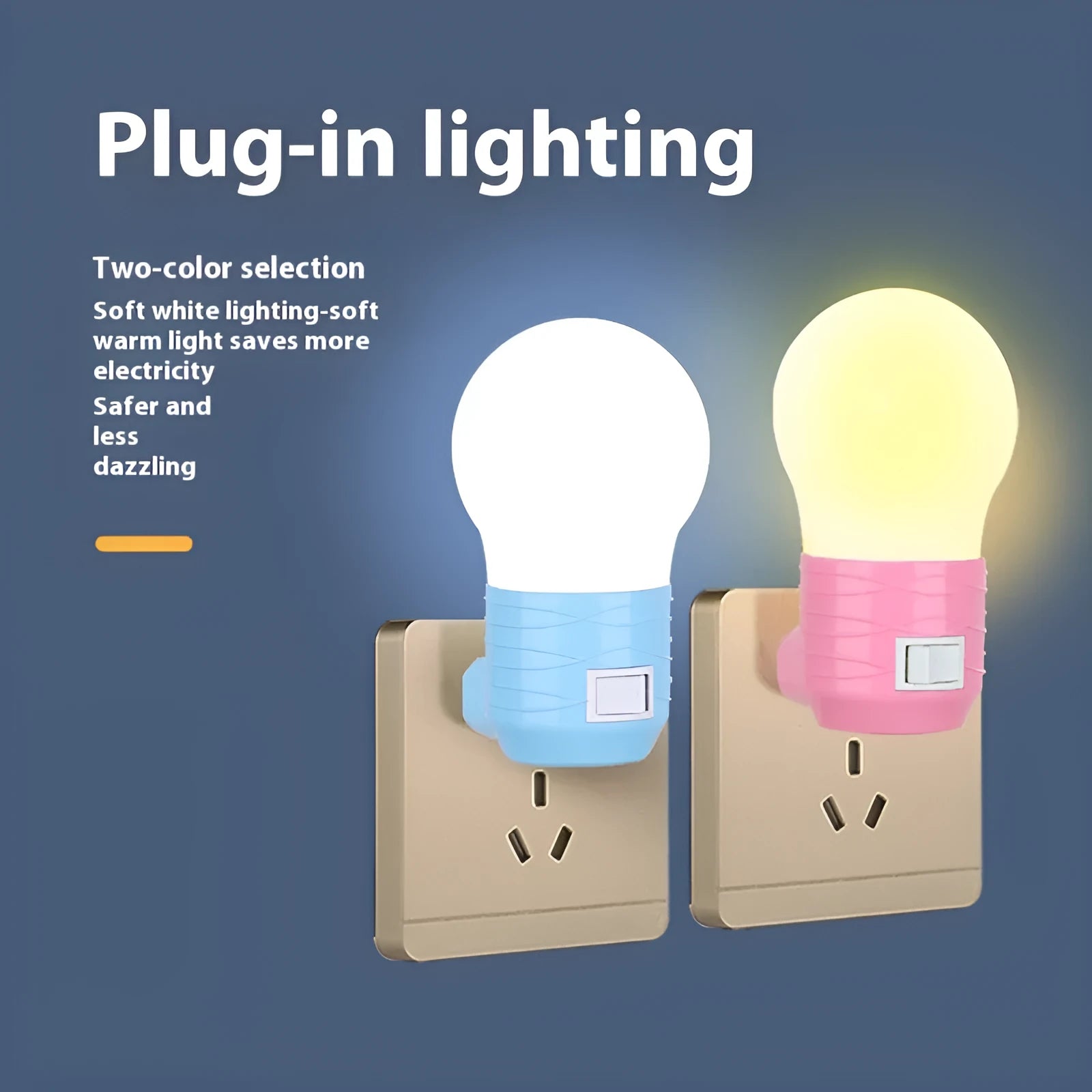 Plug-in bedside baby night light in white, blue, or pink shell with white or warm LED light.