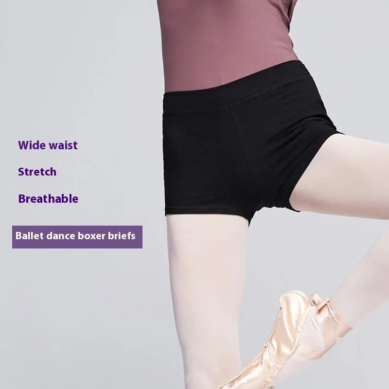 Black cotton ballet practice shorts for women with elastic waistband