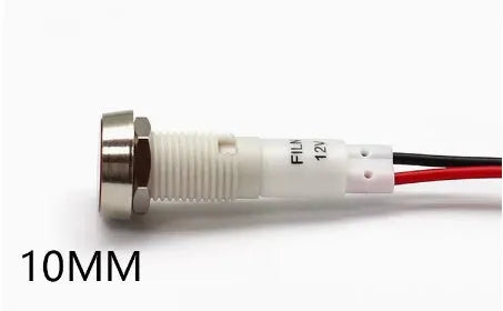 10mm plastic indicator light with wire, flat metal base, in white, yellow, red, green, and blue colour options.