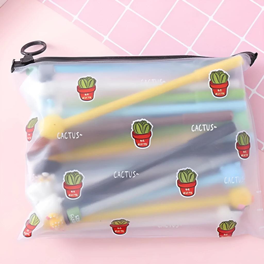 Marvel cactus cartoon pen set showing 20 colourful pens with character designs in plastic storage case