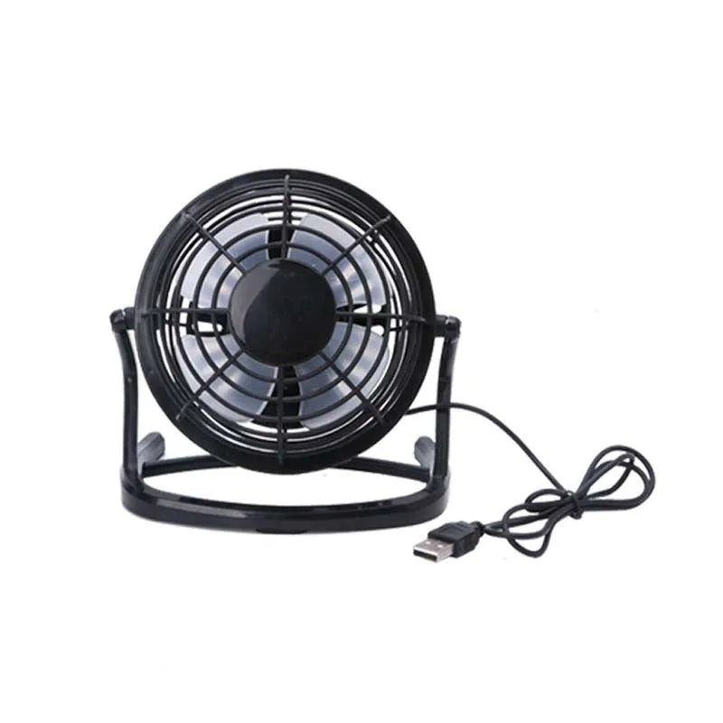 Mini USB desk fan with adjustable tilt angle in black, white, or blue colour options