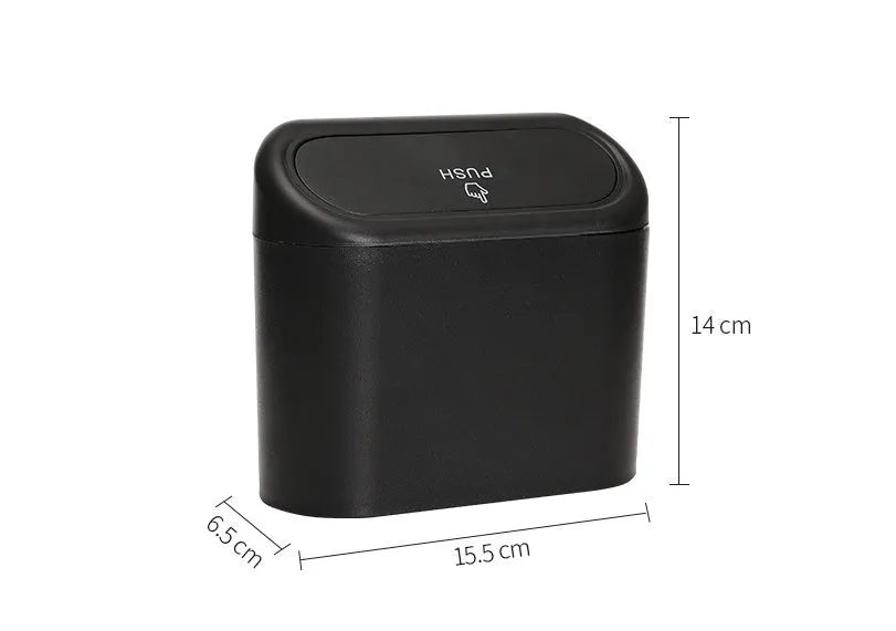 Black ABS car trash can with upturned lid and removable hook, 160x143x85mm, on car seat