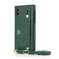 Black leather iPhone case with built-in card slots and a attached wrist strap holster.