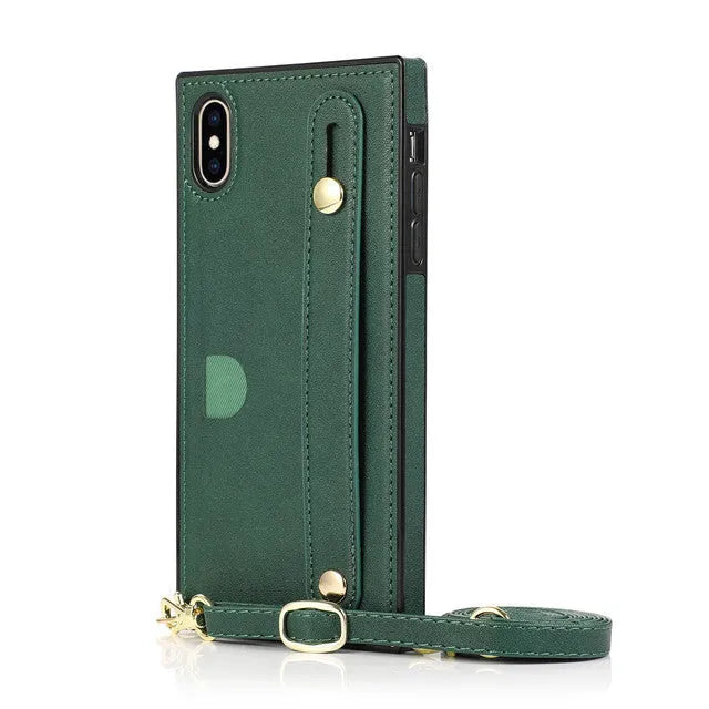 Black leather iPhone case with built-in card slots and a attached wrist strap holster.