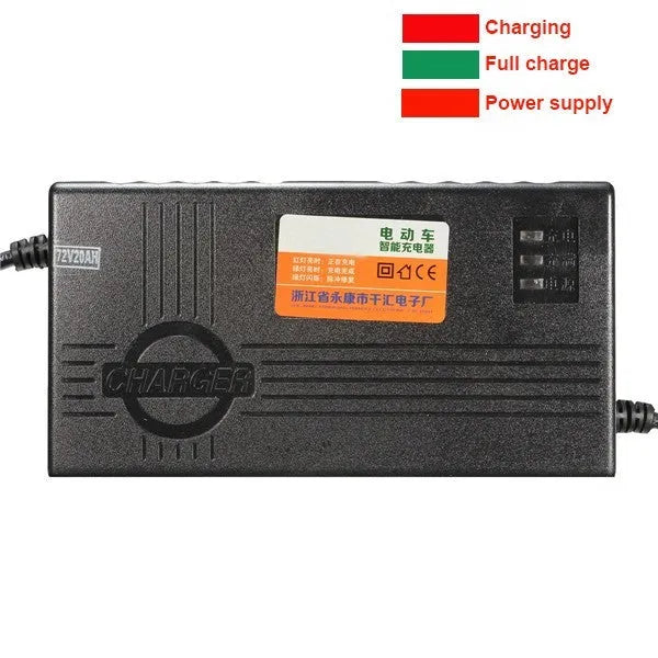 Black 72V20AH electric car battery charger with AU, EU, and US plug style options