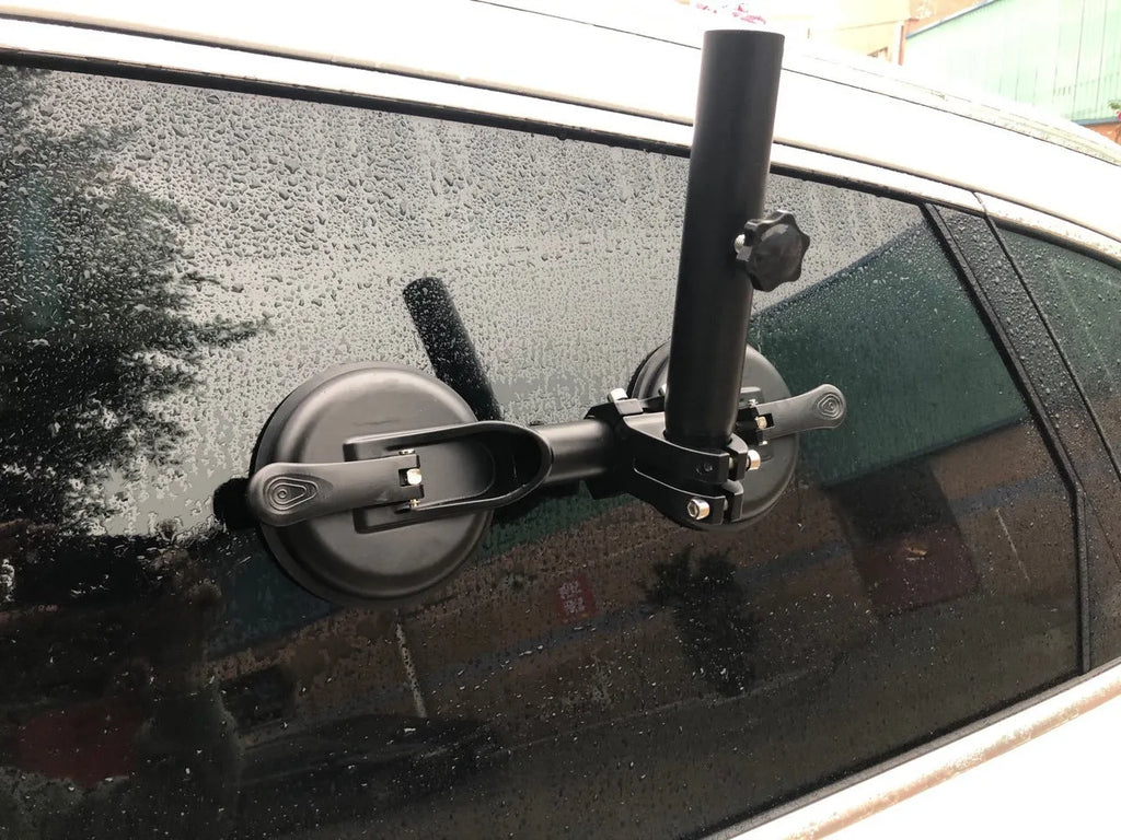 Black car window sucker flagpole mount with heavy rubber suction cup for off-road vehicles