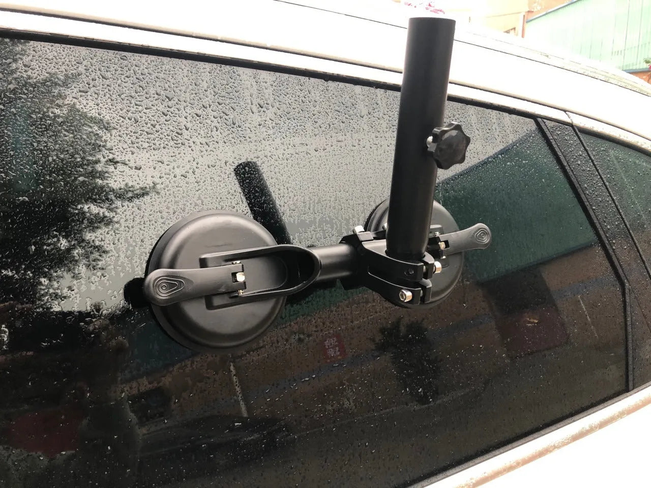 Black car window sucker flagpole mount with heavy rubber suction cup for off-road vehicles