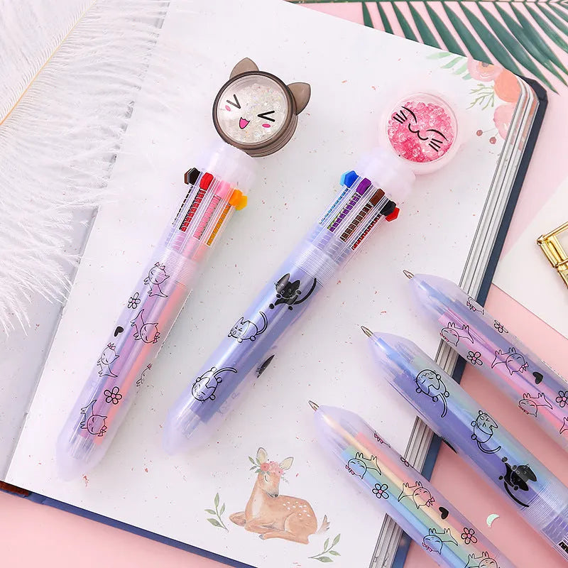 Cute cat design mechanical pencil with 10-colour refills showing 0.5mm tip and press mechanism