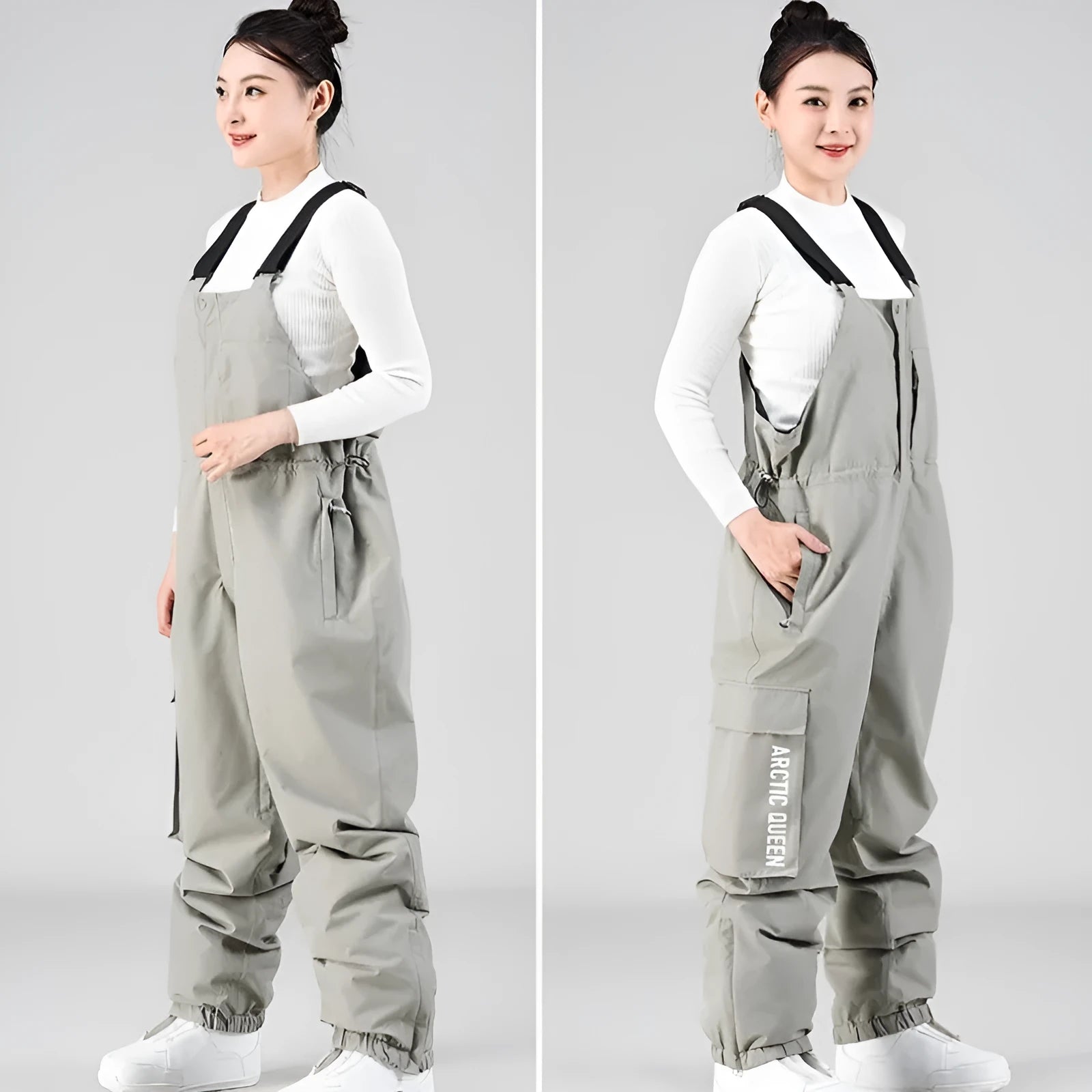 New outdoor ski suit bib top pants for men and women, polyester, waterproof, breathable, available in grey green and other colours