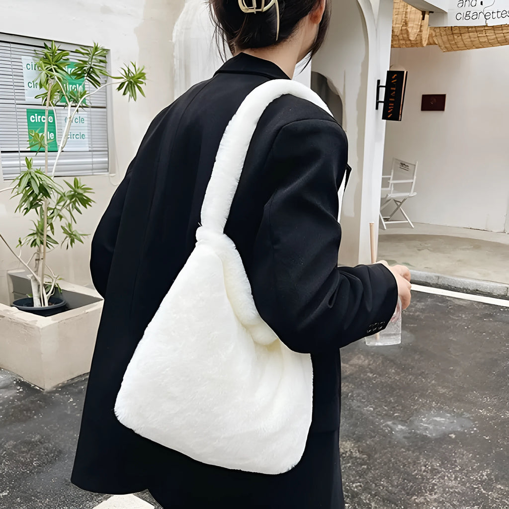 Love Fashion casual fluffy plush shoulder bag soft handbag for women in khaki shown on model