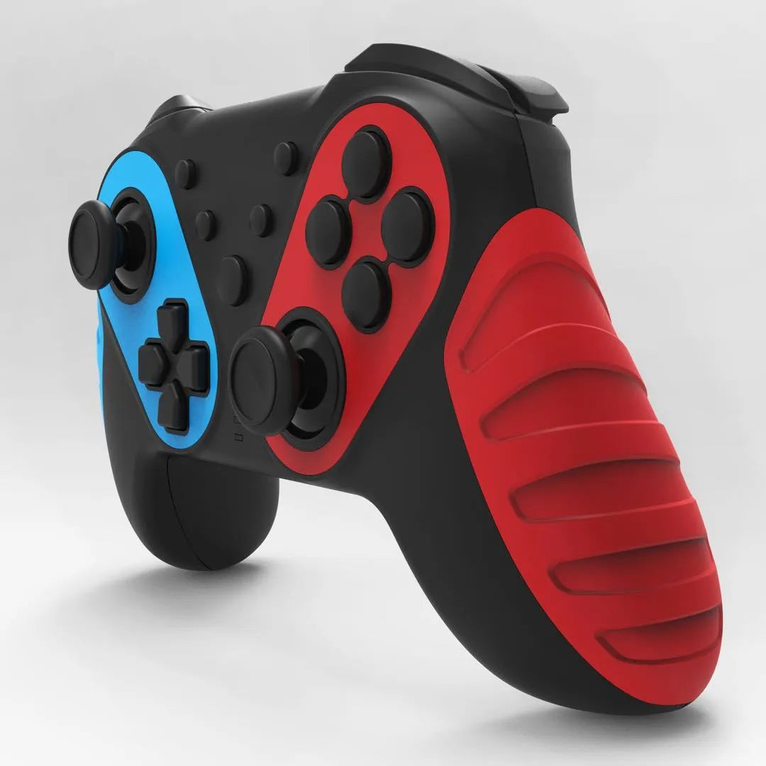 Red and blue wireless Bluetooth gamepad for Nintendo Switch and PC on a grey background.