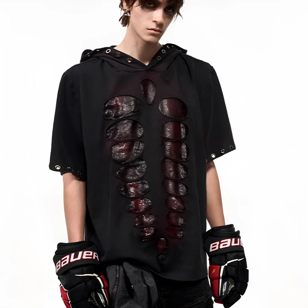 Black hooded men's T-shirt with sequenced detailing and loose fit