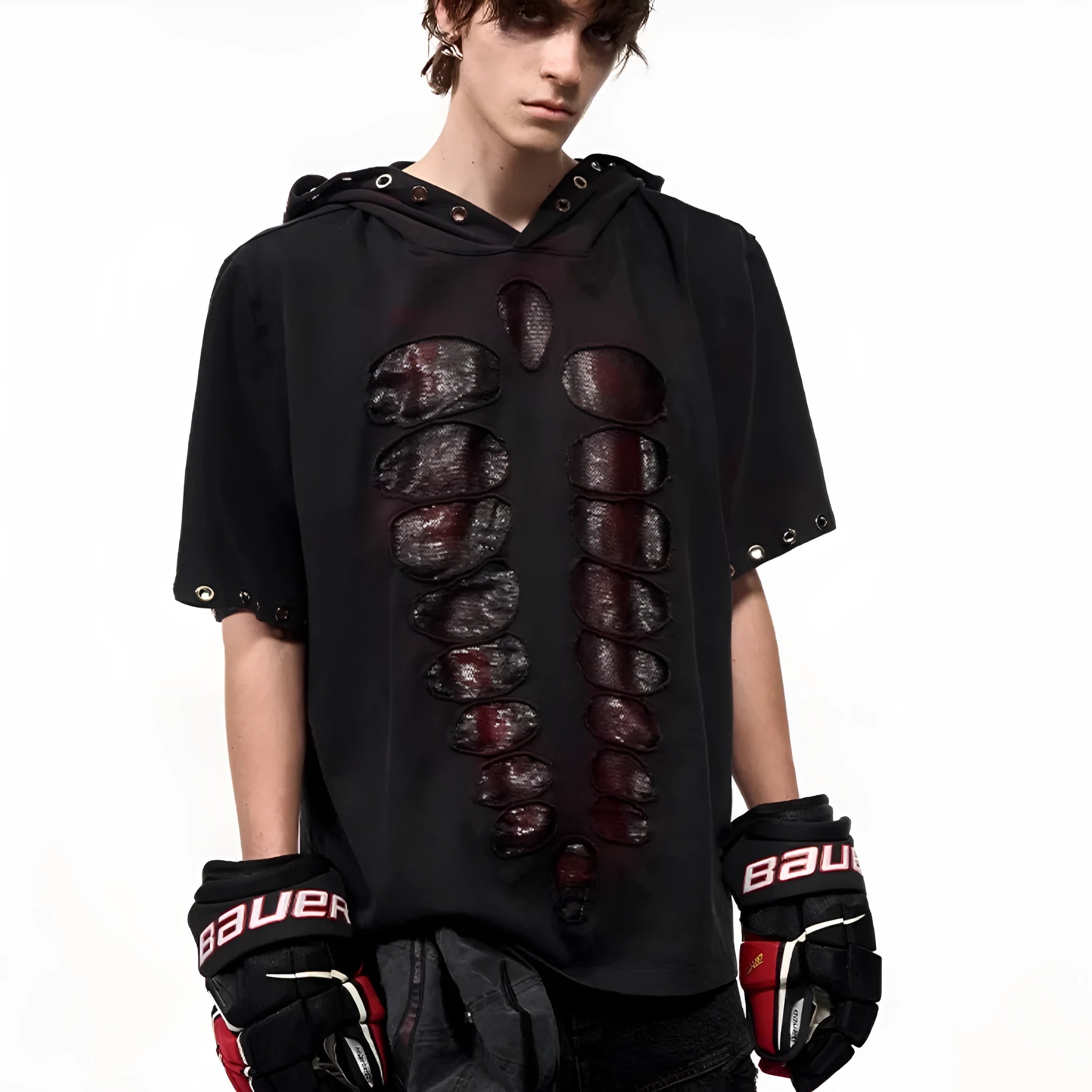 Black hooded men's T-shirt with sequenced detailing and loose fit