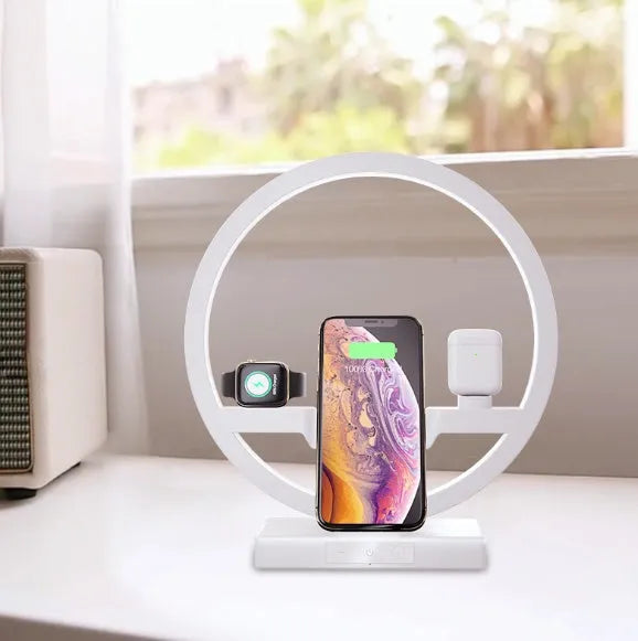 3 in 1 wireless fast charger for 1Phone X XR with LED light showing smartphone and Airpods charging