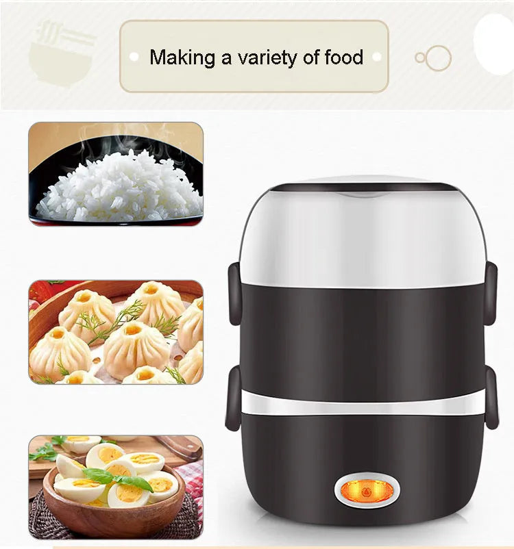 Multi-function USB-powered lunch box with heating element showing two-tier and three-tier capacity options