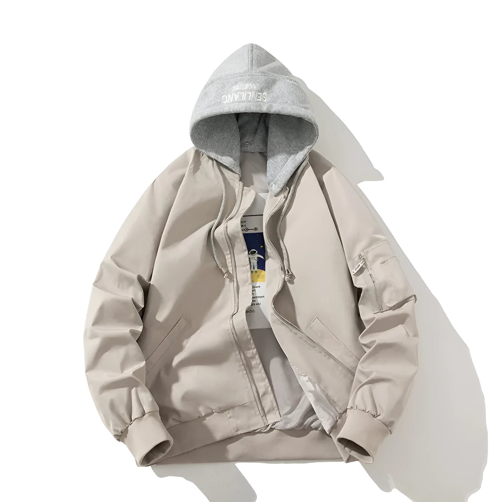 Men's loose-fitting plus-size pilot jacket in black, beige, or green with embedded line pockets.