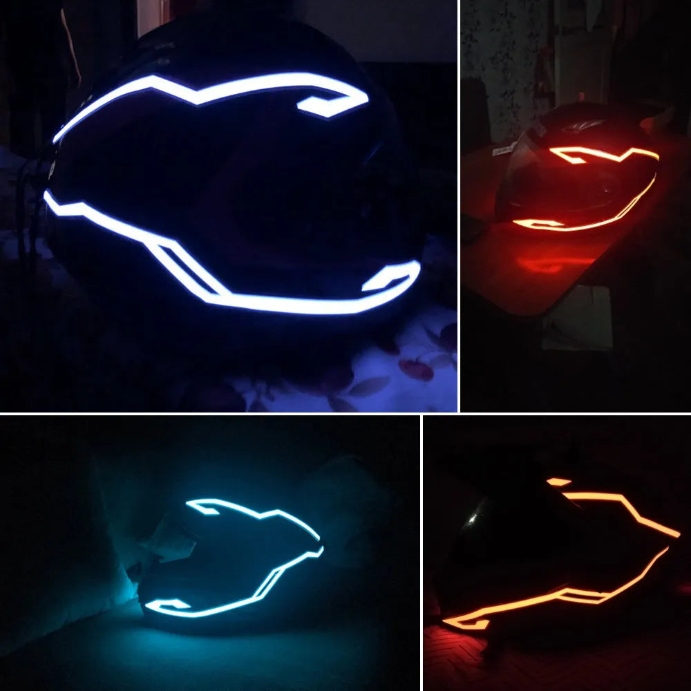 Helmet light bar kit with four flexible strips, driver, cables, and stickers in OPP packaging, 54.5x6.7 cm