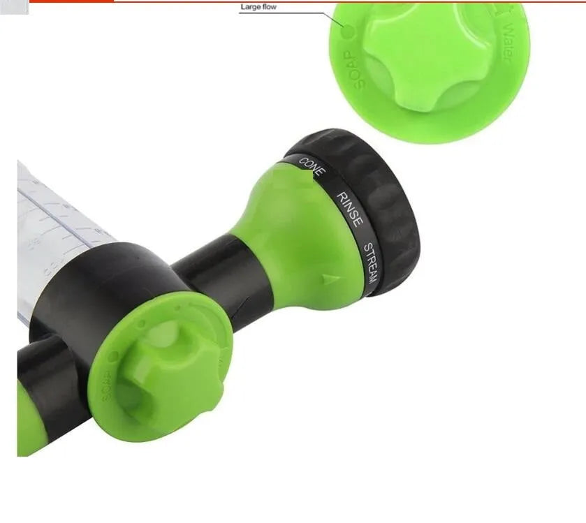 Green high-pressure foam spray gun with adjustable nozzle for car washing and household cleaning tasks