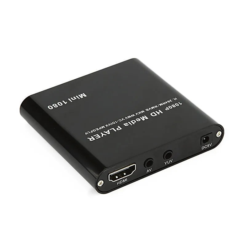 Compact black or blue 1080P Full HD media player with HDMI port for SD cards and USB drives