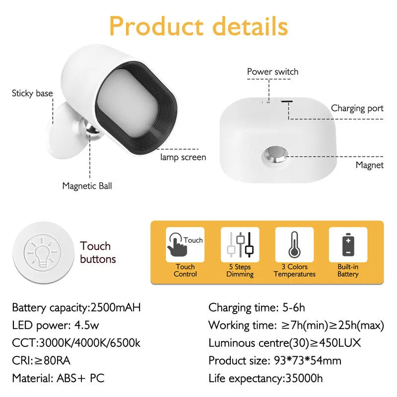 Oval-shaped cordless wall lamp with magnetic rotation and remote control in black or white finish