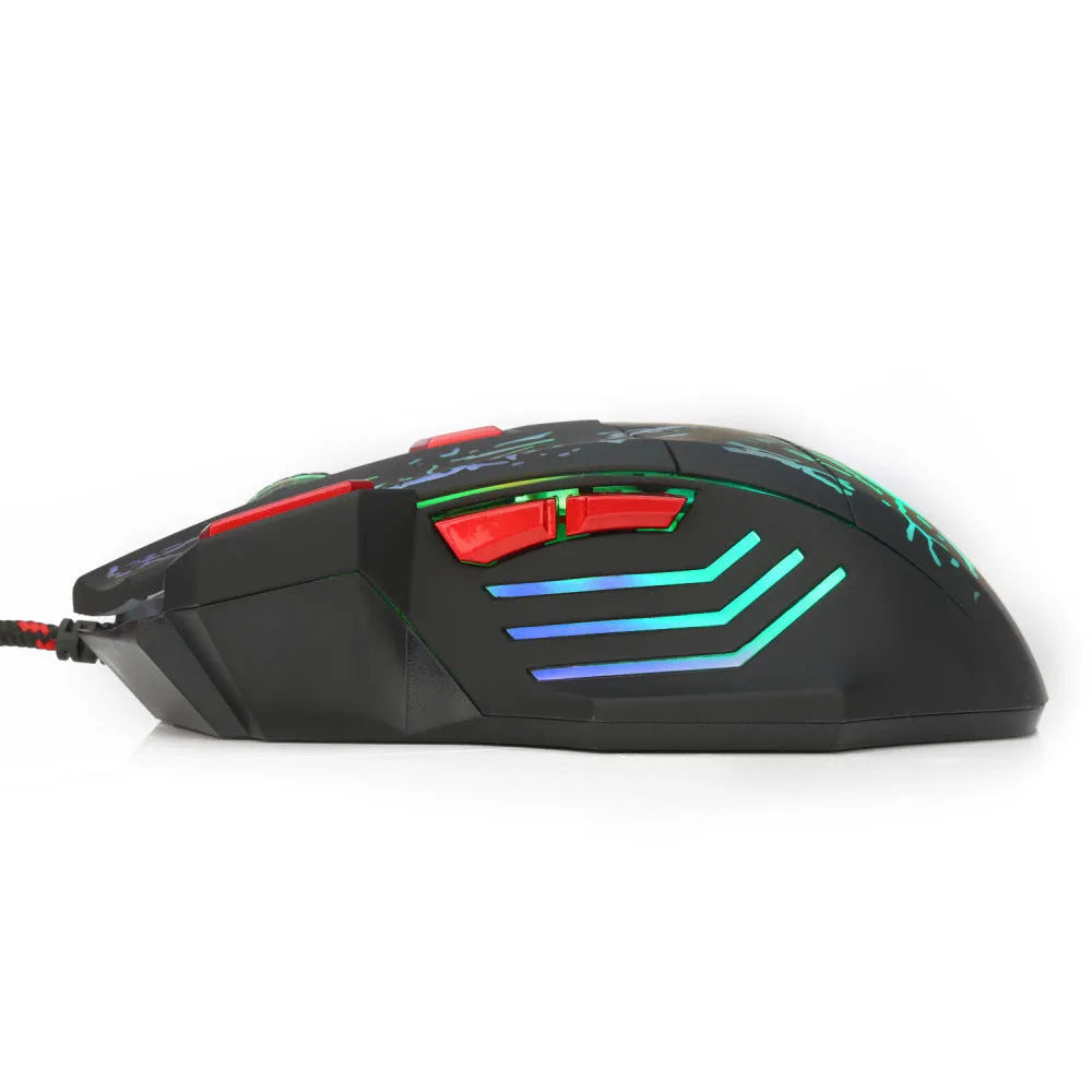 Colourful RGB gaming mouse with ergonomic design and USB cable for desktop gaming