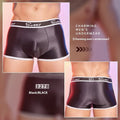 Men's shiny silky nylon boxers in black, white, and sapphire blue colours showing free size fit