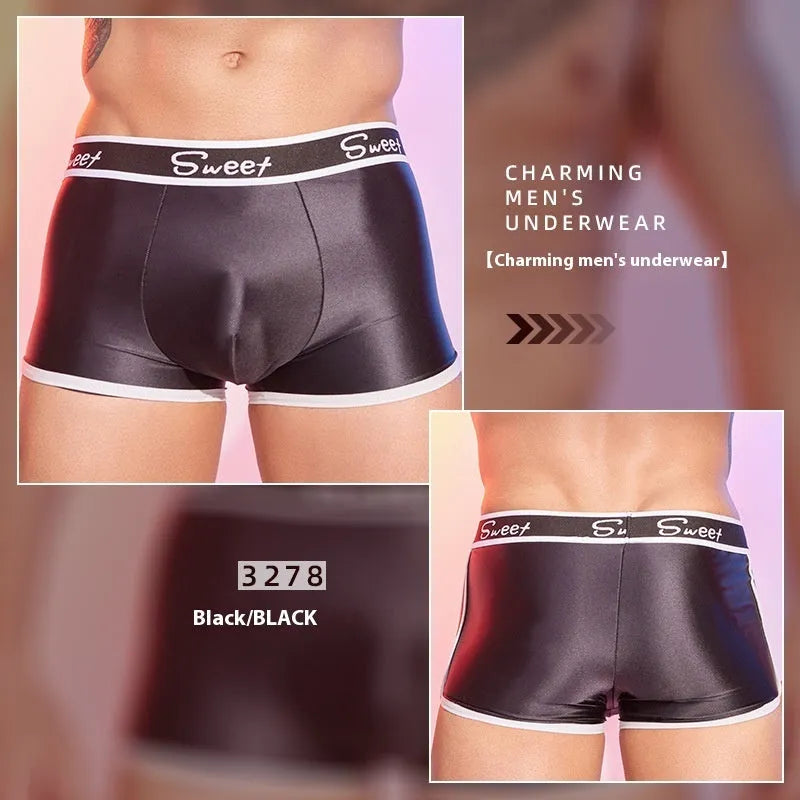 Men's shiny silky nylon boxers in black, white, and sapphire blue colours showing free size fit